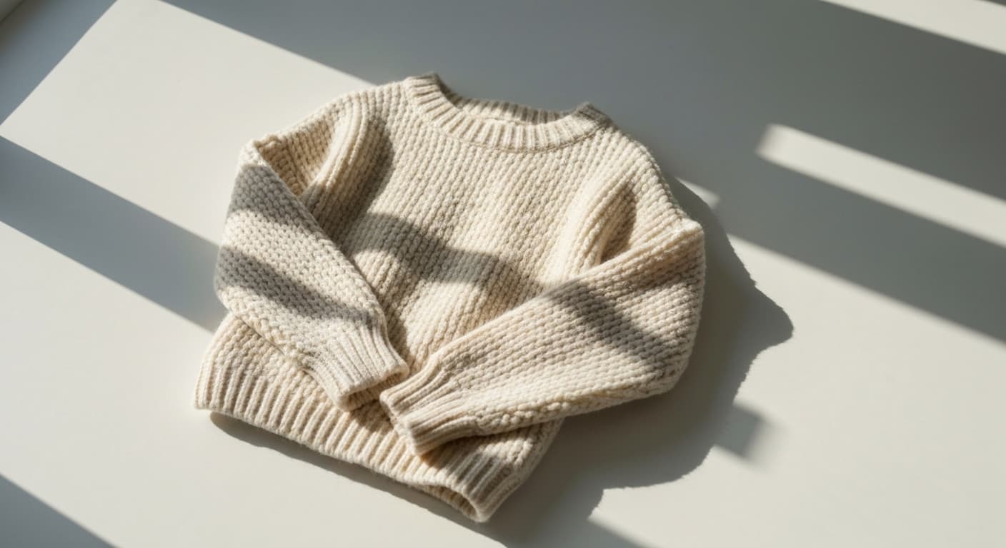 A woman wearing a thick cream oversized cable-knit sweater, standing in soft natural light