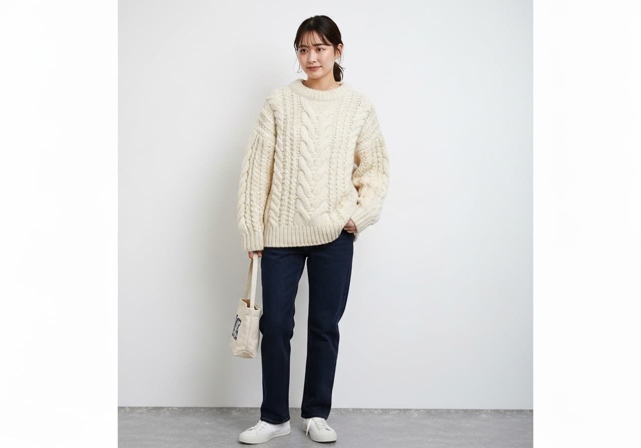 Flat-lay: oversized cream knit, straight dark jeans, white sneakers, canvas tote