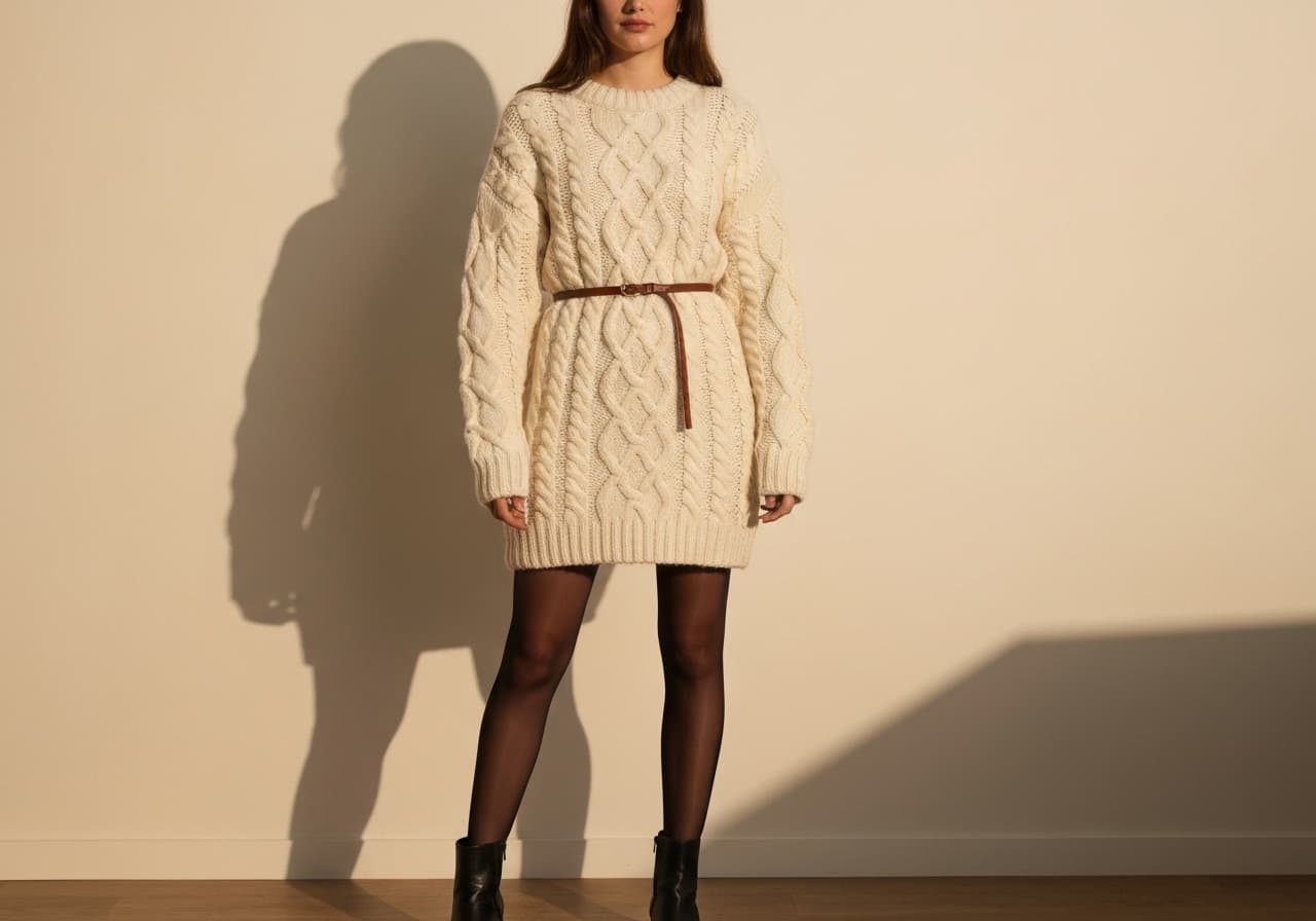 Flat-lay: oversized cream knit with thin leather belt, black opaque tights, block-heel ankle boots