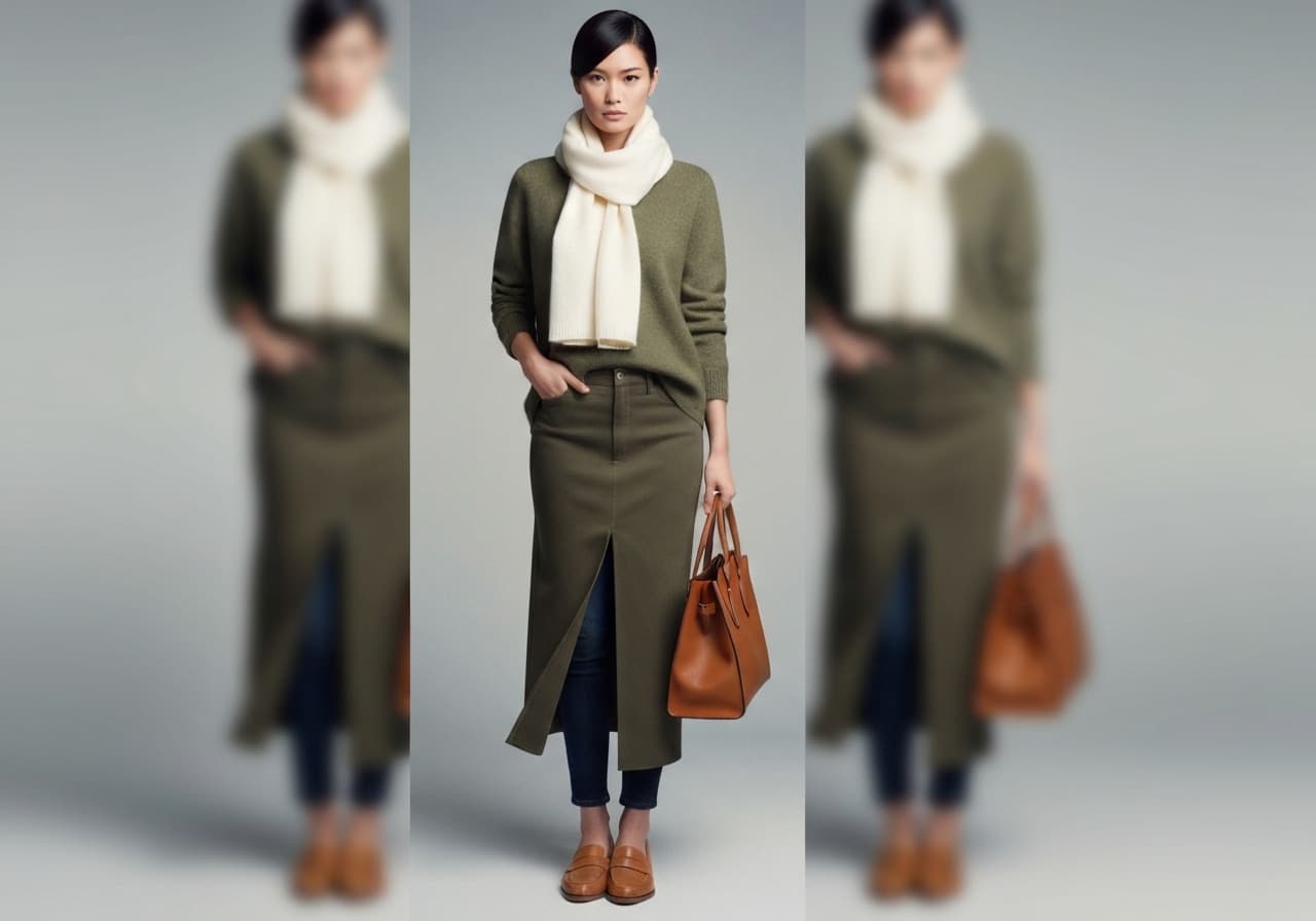 Flat-lay: cream knit with olive tailored midi skirt, tan loafers, structured brown leather tote